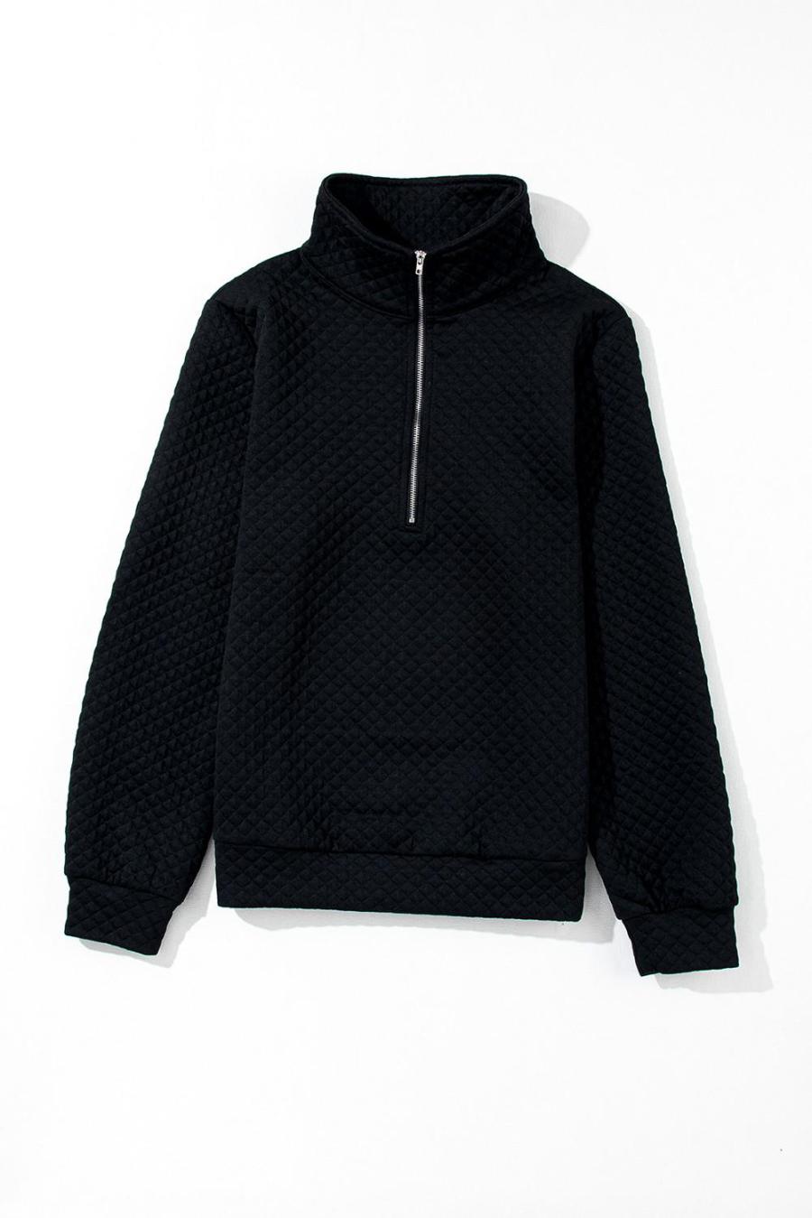 Women Sweatshirts & Hoodies | Black Solid Color Half Zipper Quilted Pullover Sweatshirt