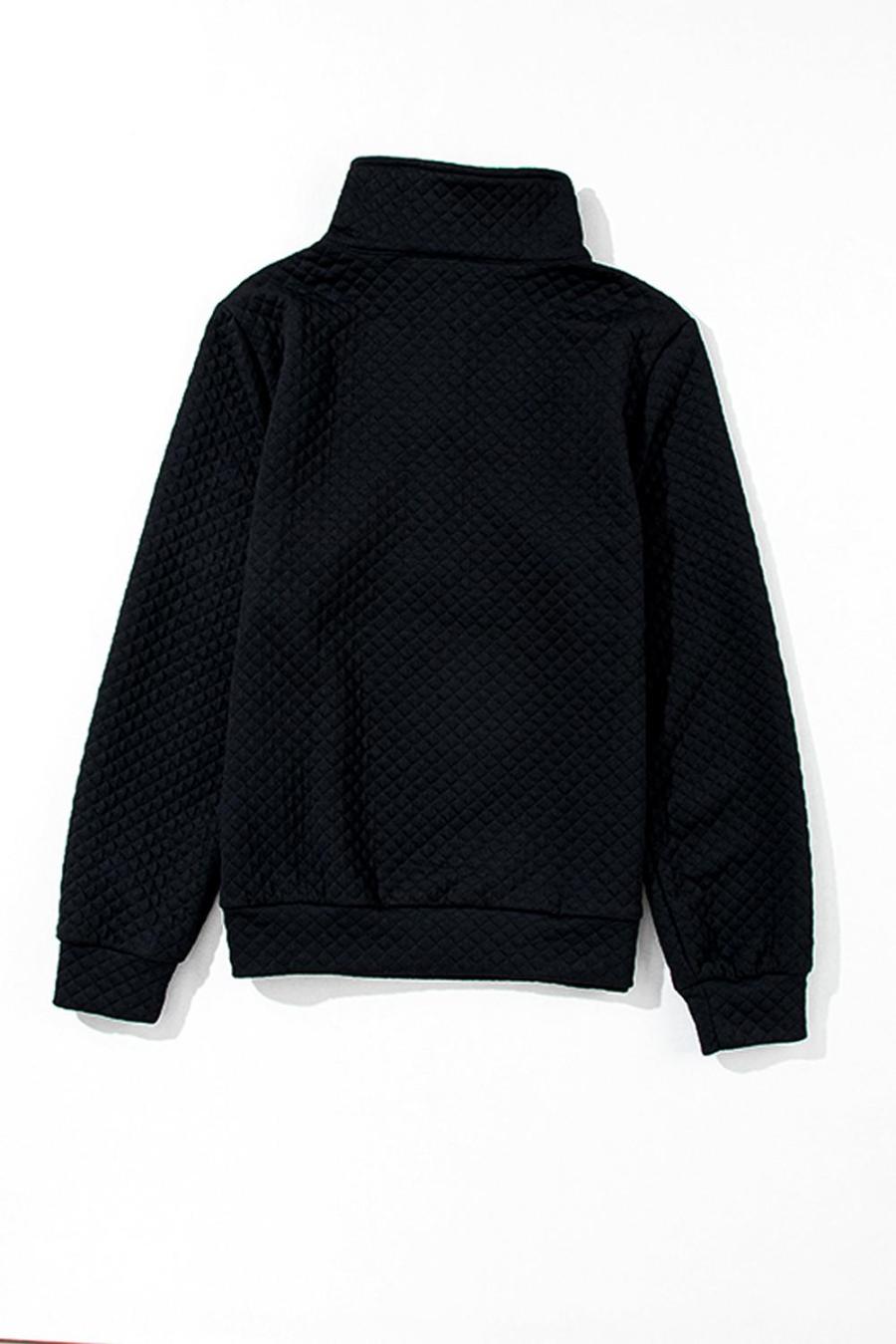 Women Sweatshirts & Hoodies | Black Solid Color Half Zipper Quilted Pullover Sweatshirt