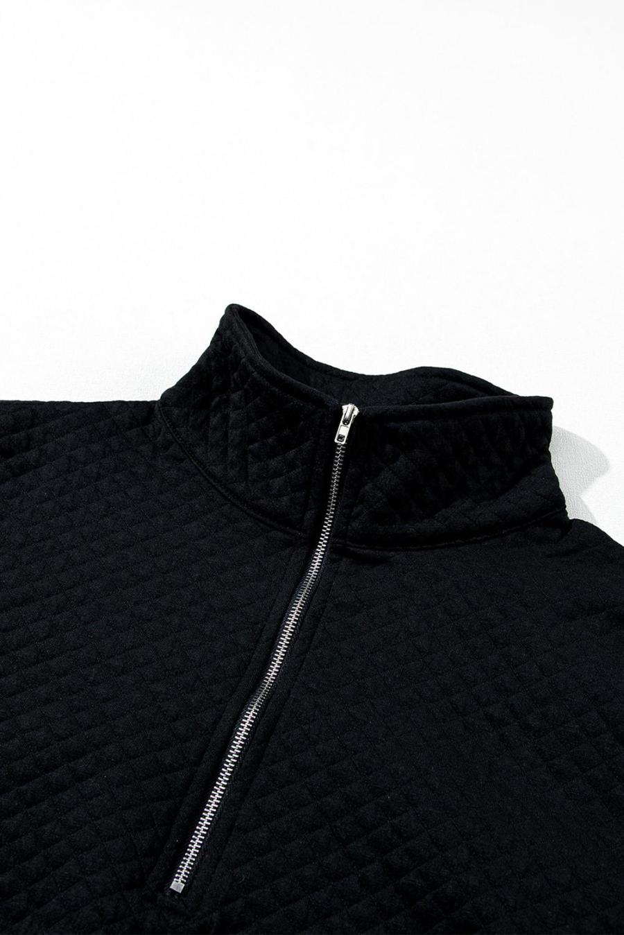 Women Sweatshirts & Hoodies | Black Solid Color Half Zipper Quilted Pullover Sweatshirt