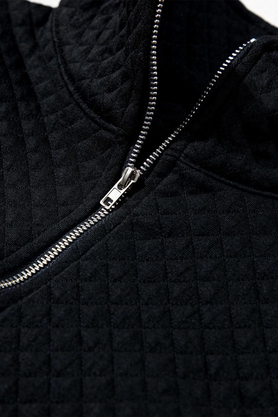 Women Sweatshirts & Hoodies | Black Solid Color Half Zipper Quilted Pullover Sweatshirt