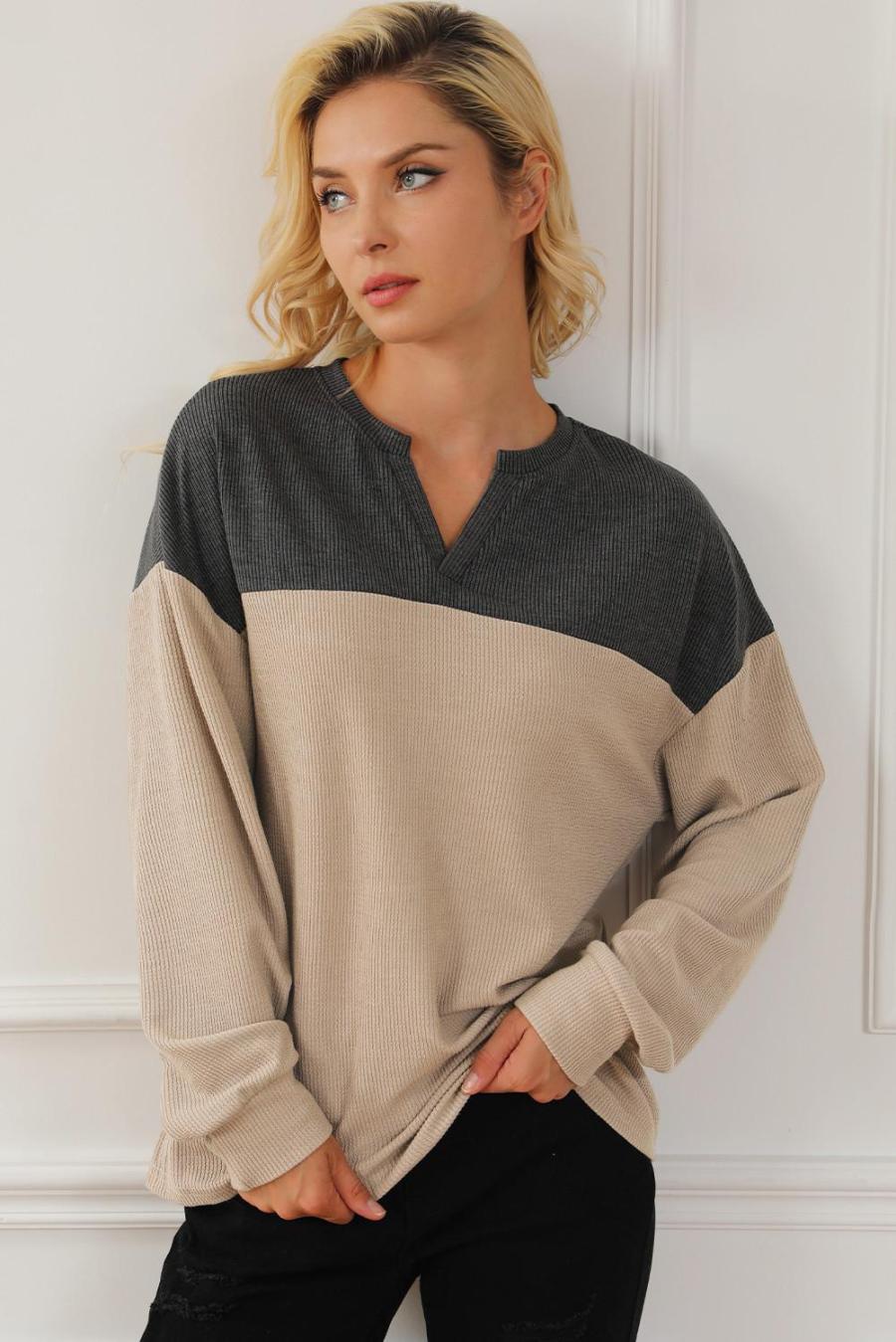 Women Sweatshirts & Hoodies | Carbon Grey Colorblock V Neck Corded Sweatshirt