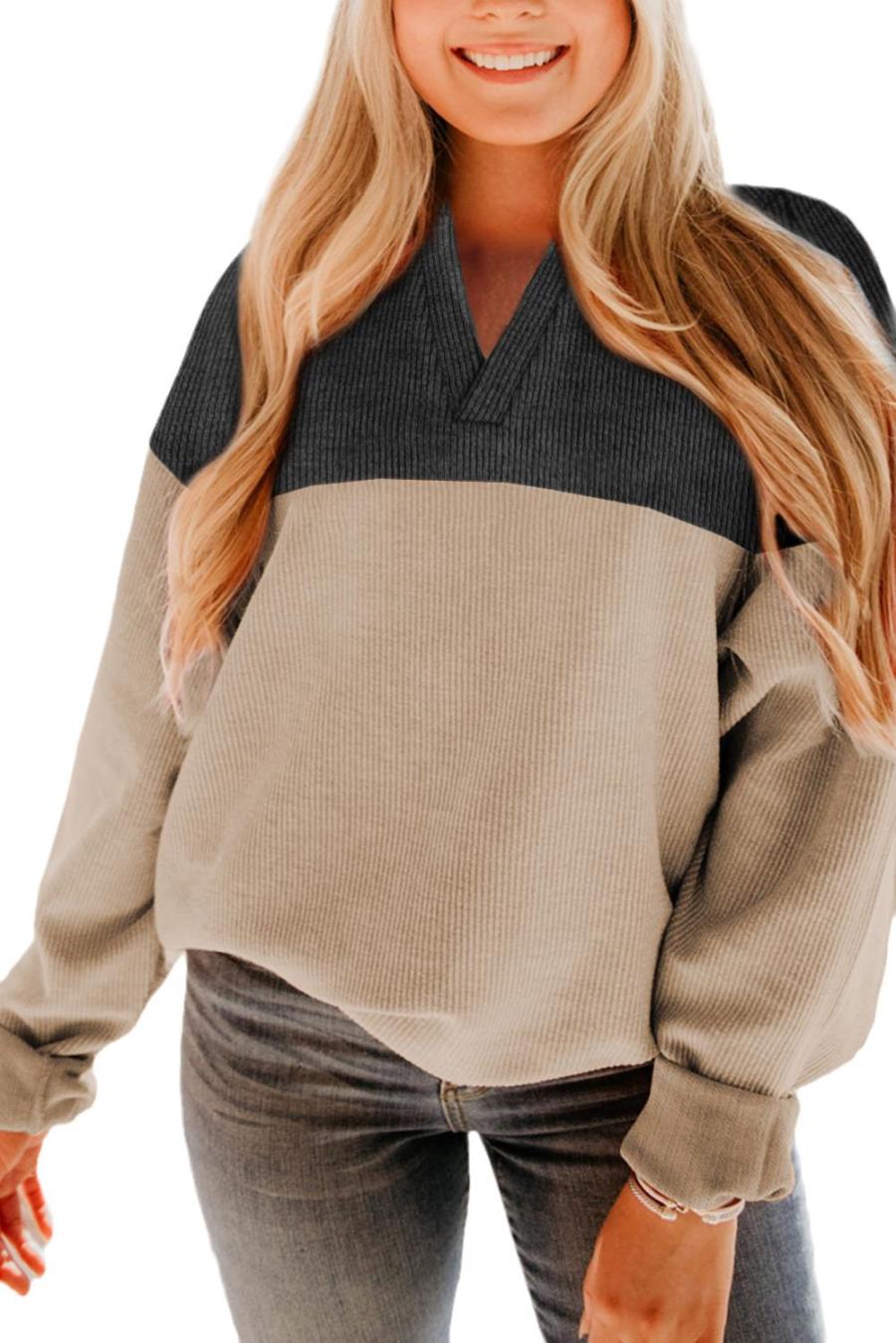 Women Sweatshirts & Hoodies | Carbon Grey Colorblock V Neck Corded Sweatshirt