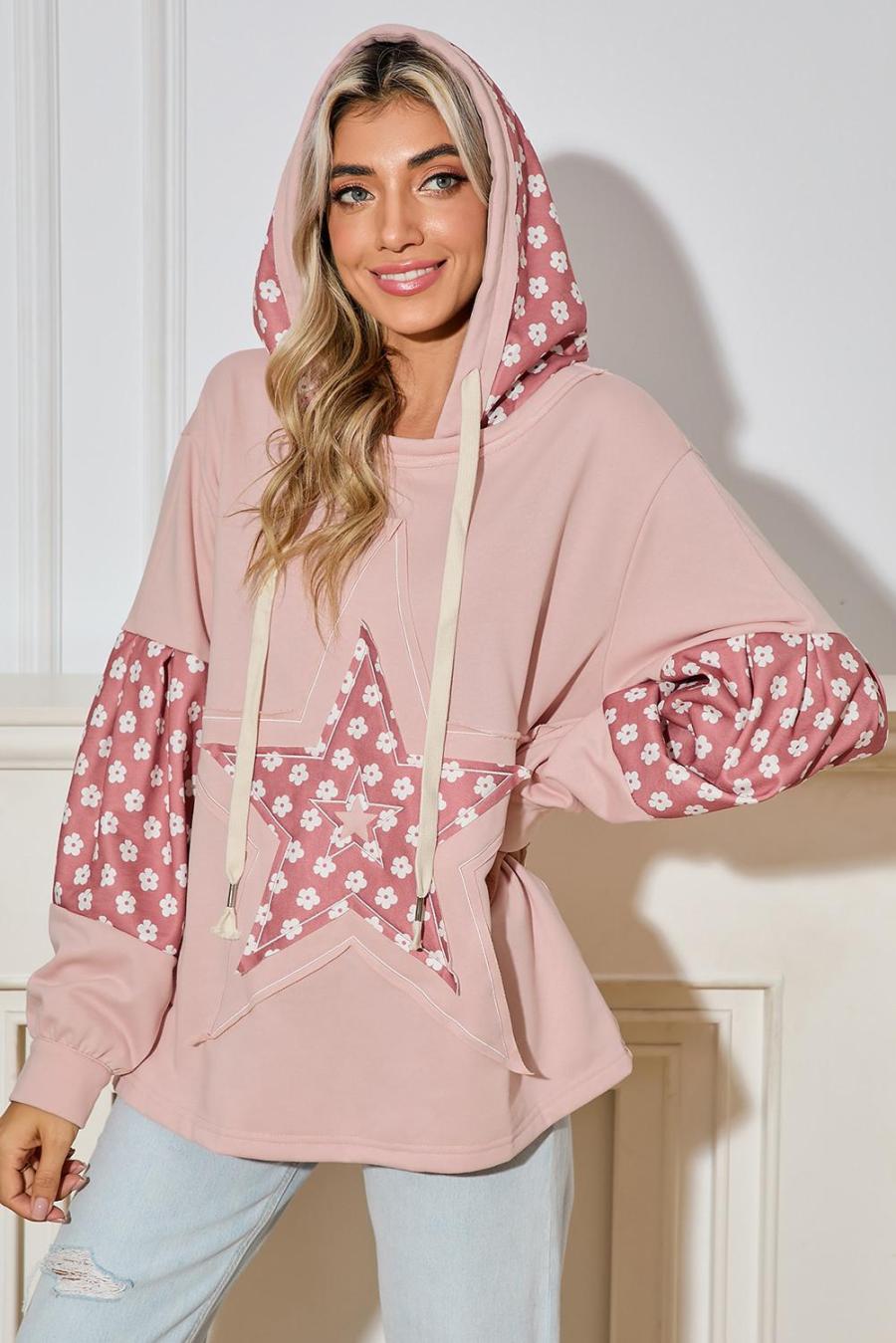 Women Sweatshirts & Hoodies | Delicacy Floral Patchwork Star Pattern Drawstring Hoodie
