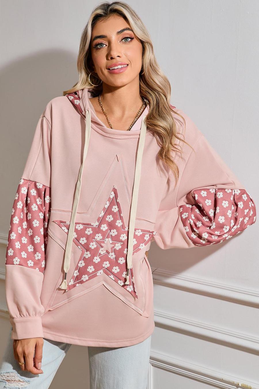 Women Sweatshirts & Hoodies | Delicacy Floral Patchwork Star Pattern Drawstring Hoodie