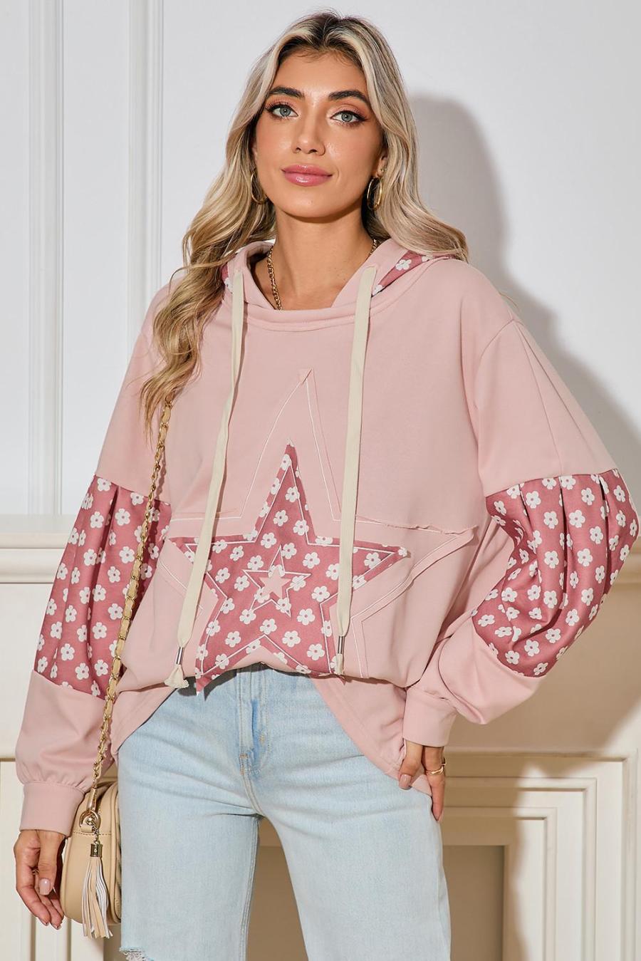 Women Sweatshirts & Hoodies | Delicacy Floral Patchwork Star Pattern Drawstring Hoodie