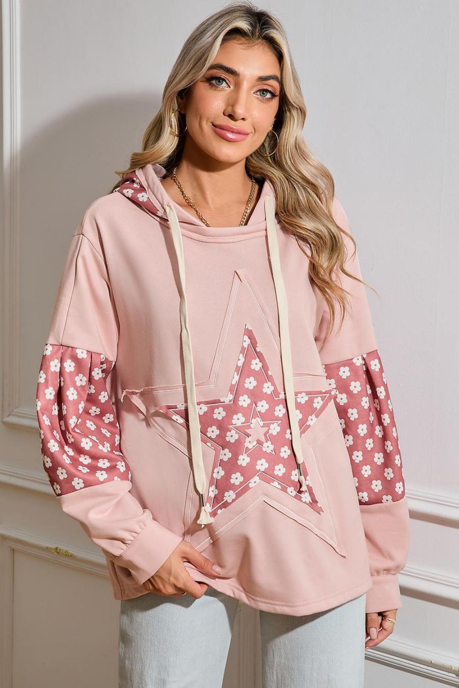 Women Sweatshirts & Hoodies | Delicacy Floral Patchwork Star Pattern Drawstring Hoodie