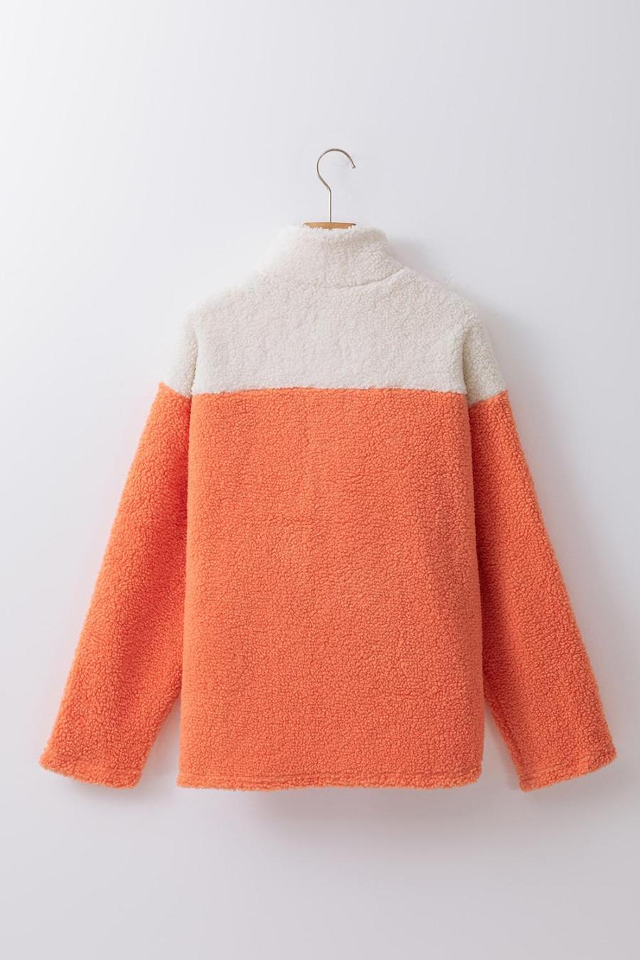 Women Sweatshirts & Hoodies | Orange Colorblock Zipper Stand Neck Sherpa Sweatshirt