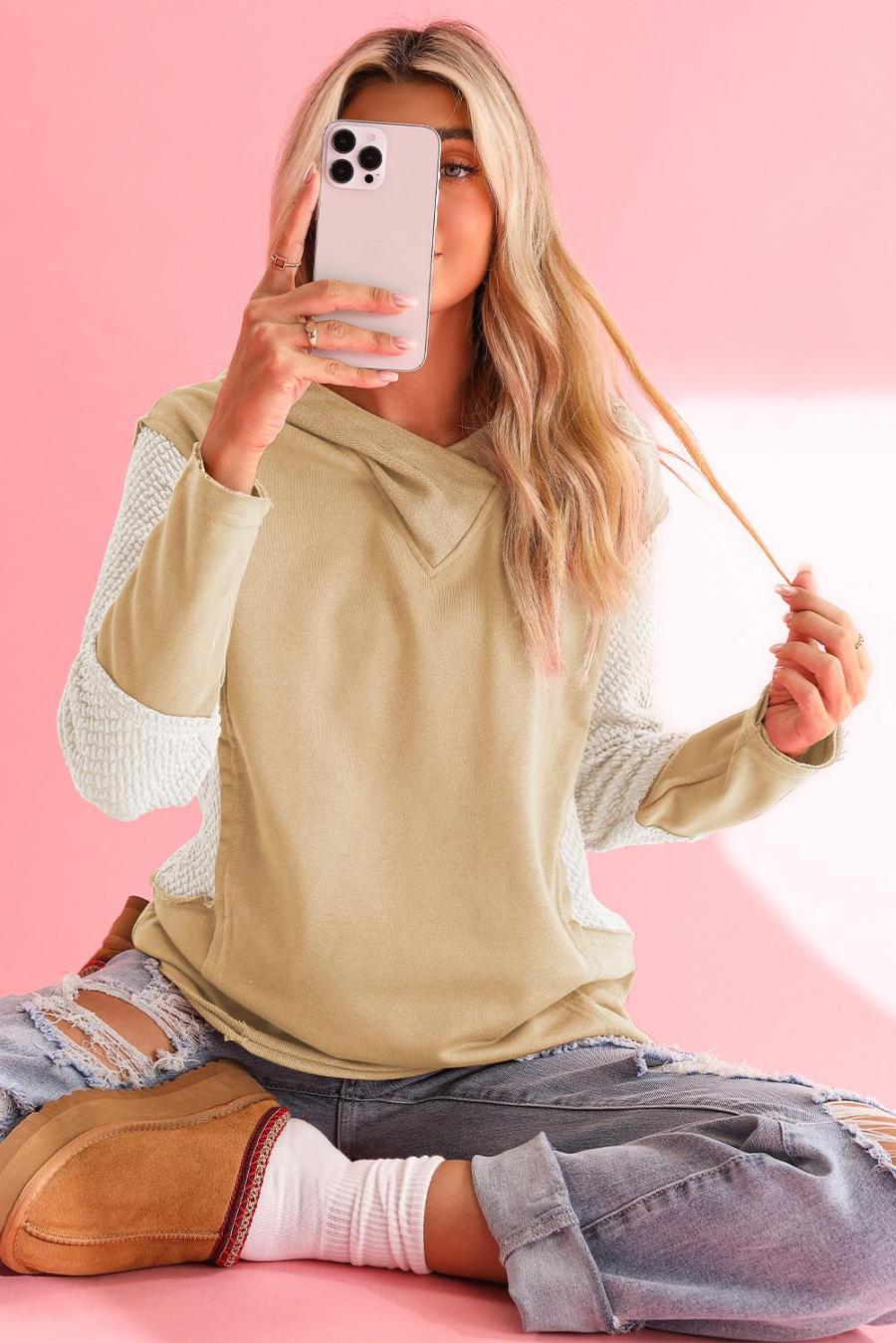 Women Sweatshirts & Hoodies | Parchment Textured Splicing Sleeve Raw Hem Hoodie