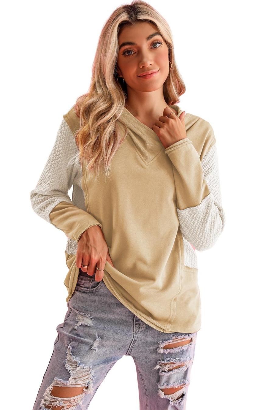 Women Sweatshirts & Hoodies | Parchment Textured Splicing Sleeve Raw Hem Hoodie