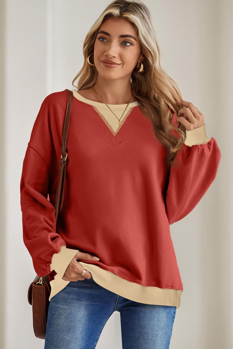 Women Sweatshirts & Hoodies | Red Clay Color Block Drop Shoulder Crewneck Oversized Sweatshirt