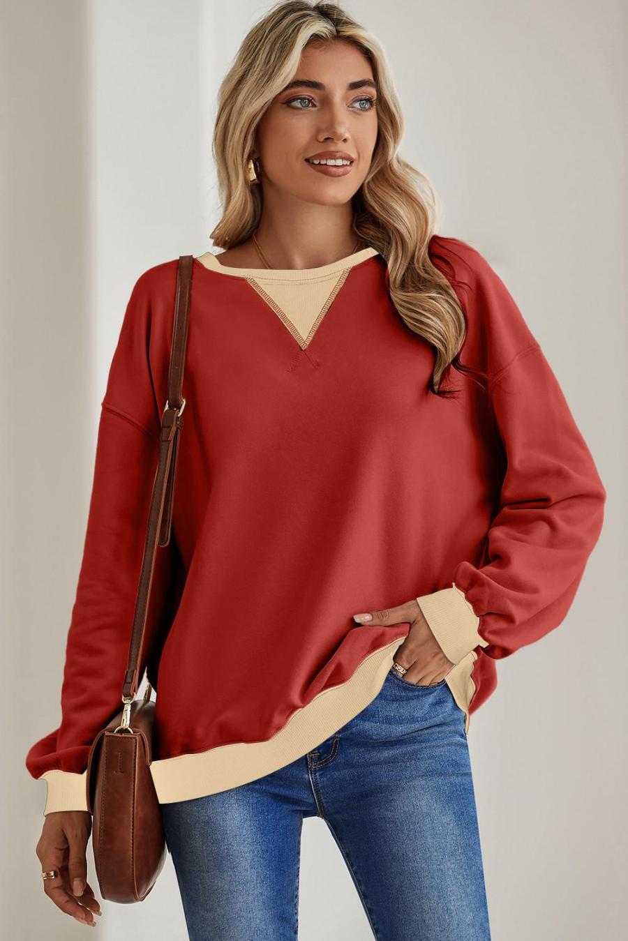 Women Sweatshirts & Hoodies | Red Clay Color Block Drop Shoulder Crewneck Oversized Sweatshirt