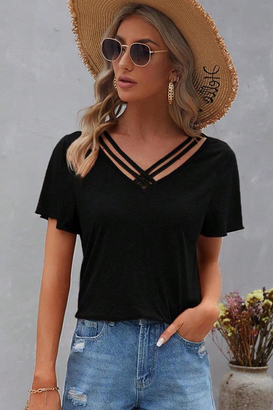 Women T Shirts | Black Crisscross V Neck Flutter Sleeve T Shirt