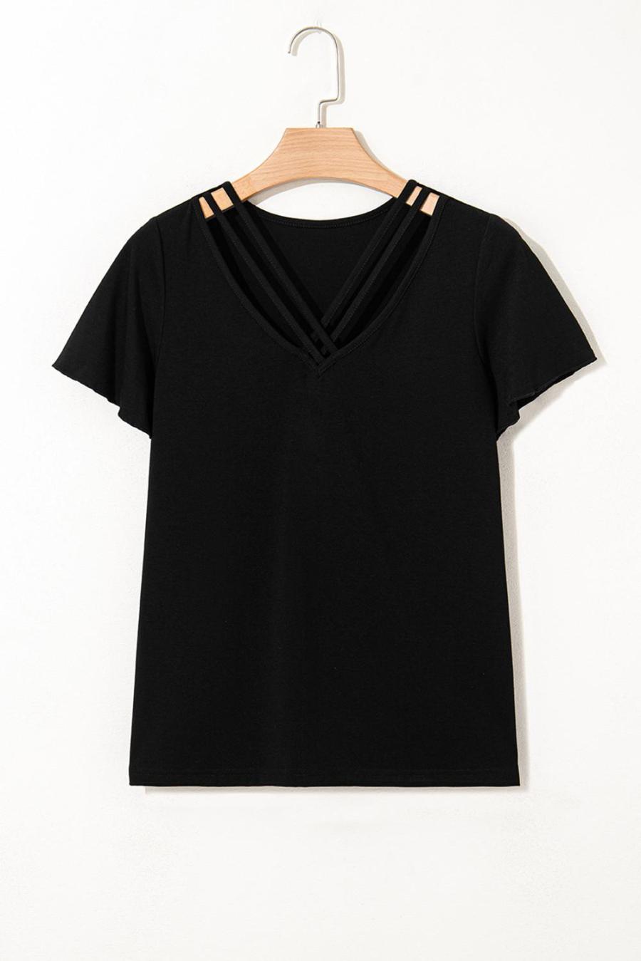 Women T Shirts | Black Crisscross V Neck Flutter Sleeve T Shirt