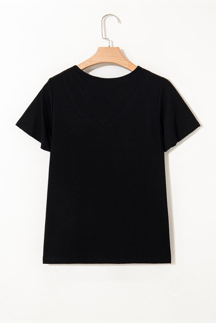 Women T Shirts | Black Crisscross V Neck Flutter Sleeve T Shirt