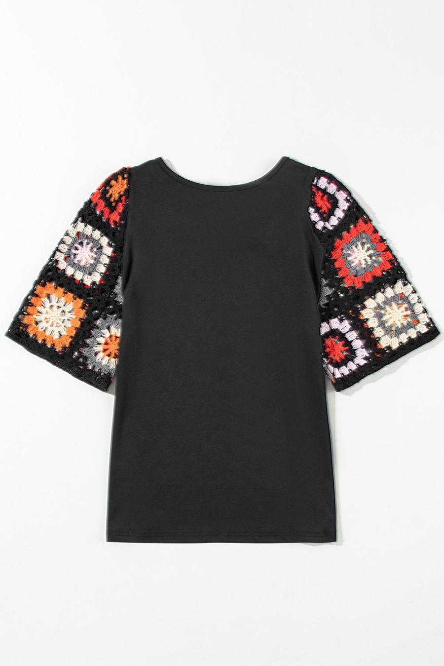 Women T Shirts | Black Floral Hollowed Crochet Sleeve Boho T Shirt