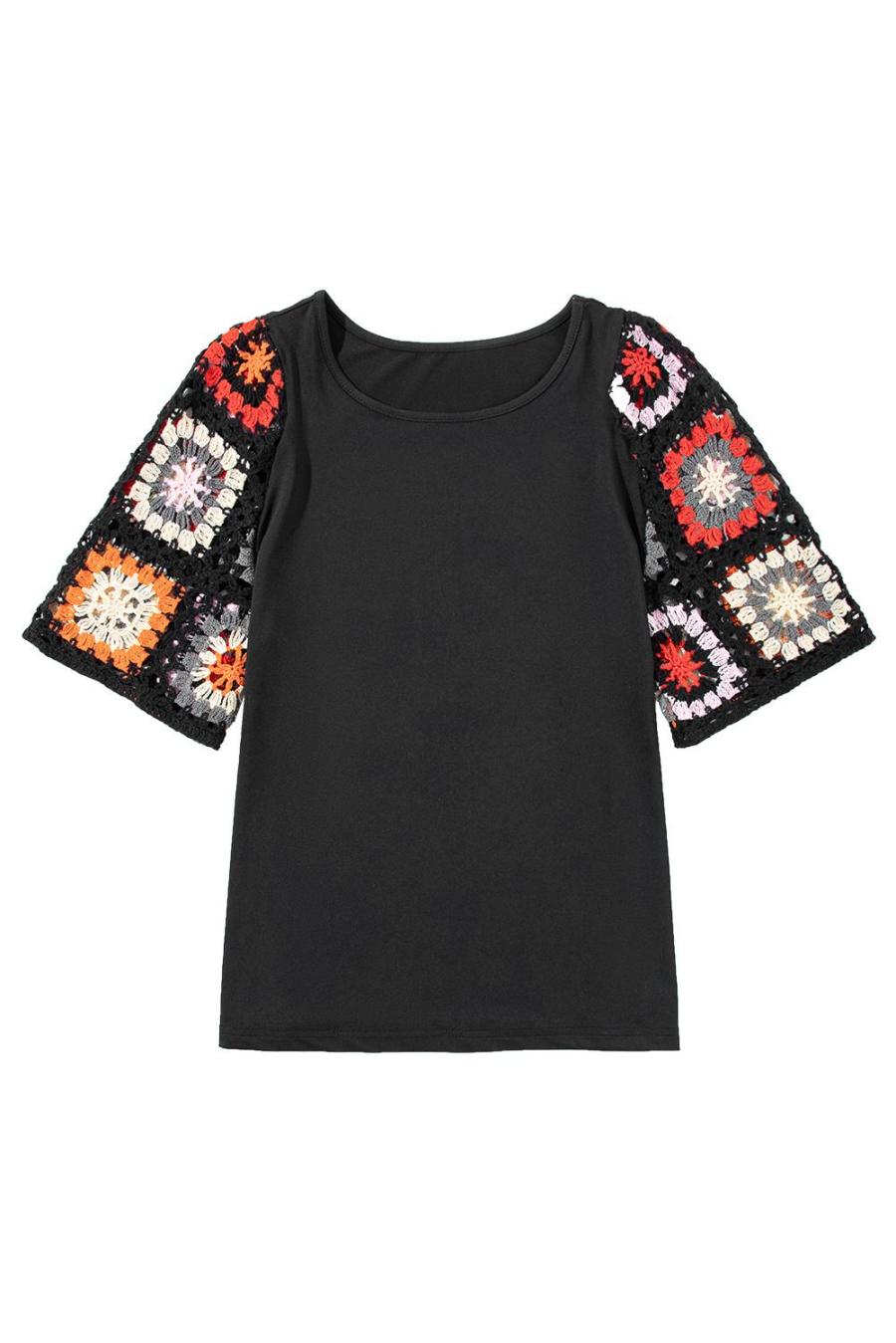 Women T Shirts | Black Floral Hollowed Crochet Sleeve Boho T Shirt