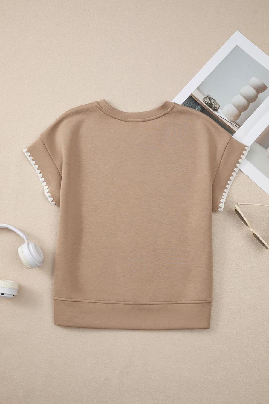 Women T Shirts | Straw Yellow Ric Rac Contrast Ribbed Edge Crewneck T Shirt