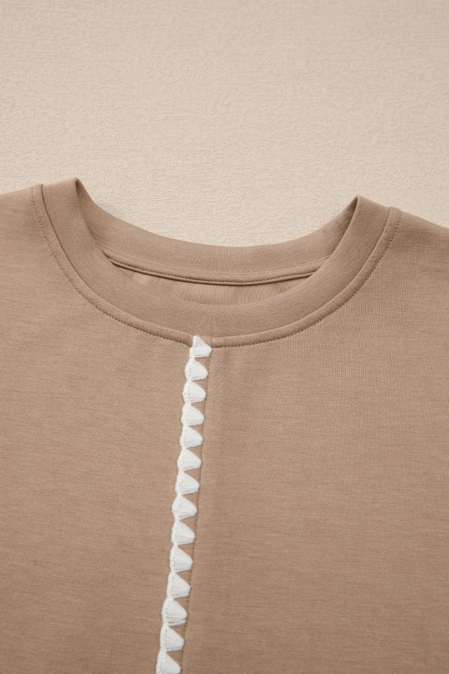 Women T Shirts | Straw Yellow Ric Rac Contrast Ribbed Edge Crewneck T Shirt