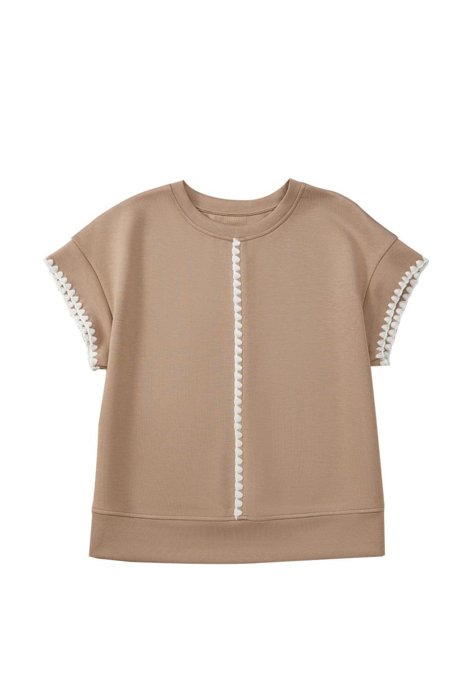 Women T Shirts | Straw Yellow Ric Rac Contrast Ribbed Edge Crewneck T Shirt