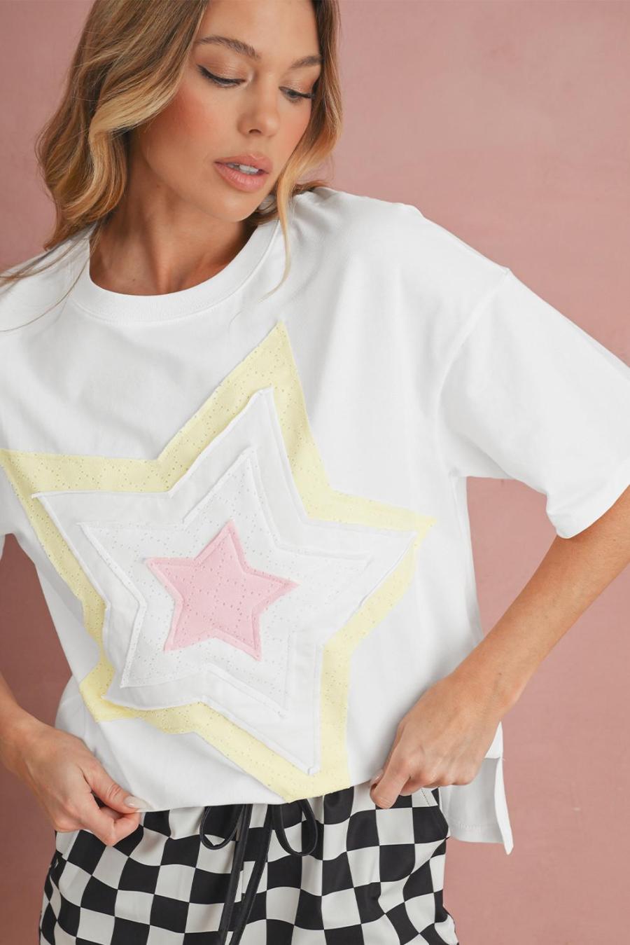 Women T Shirts | White Star Patched Drop Shoulder Half Sleeve Loose Tee