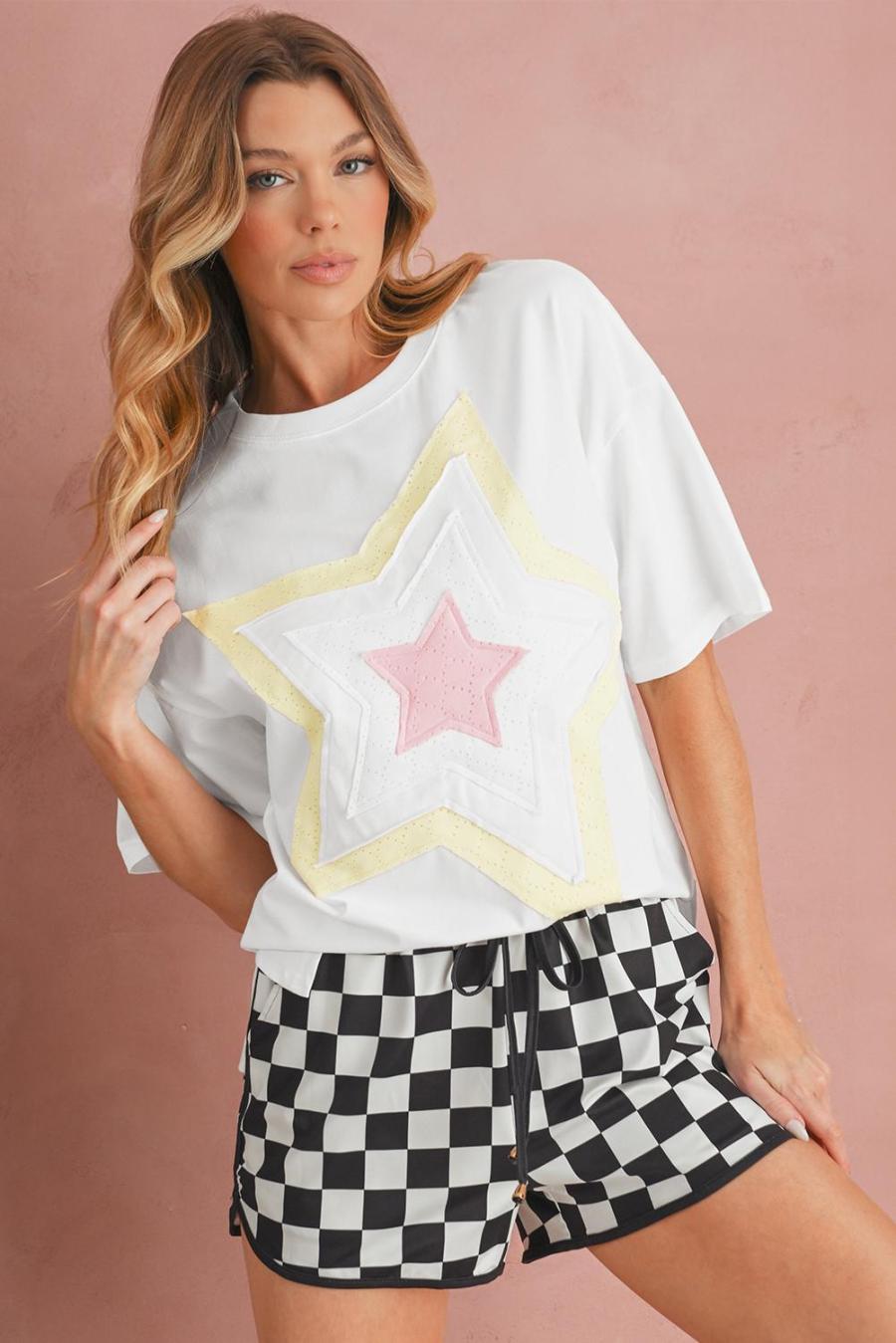 Women T Shirts | White Star Patched Drop Shoulder Half Sleeve Loose Tee
