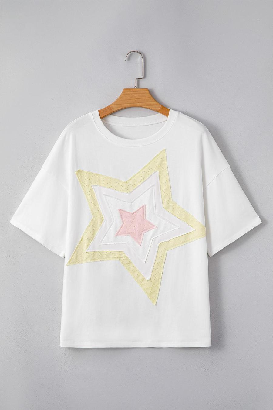 Women T Shirts | White Star Patched Drop Shoulder Half Sleeve Loose Tee