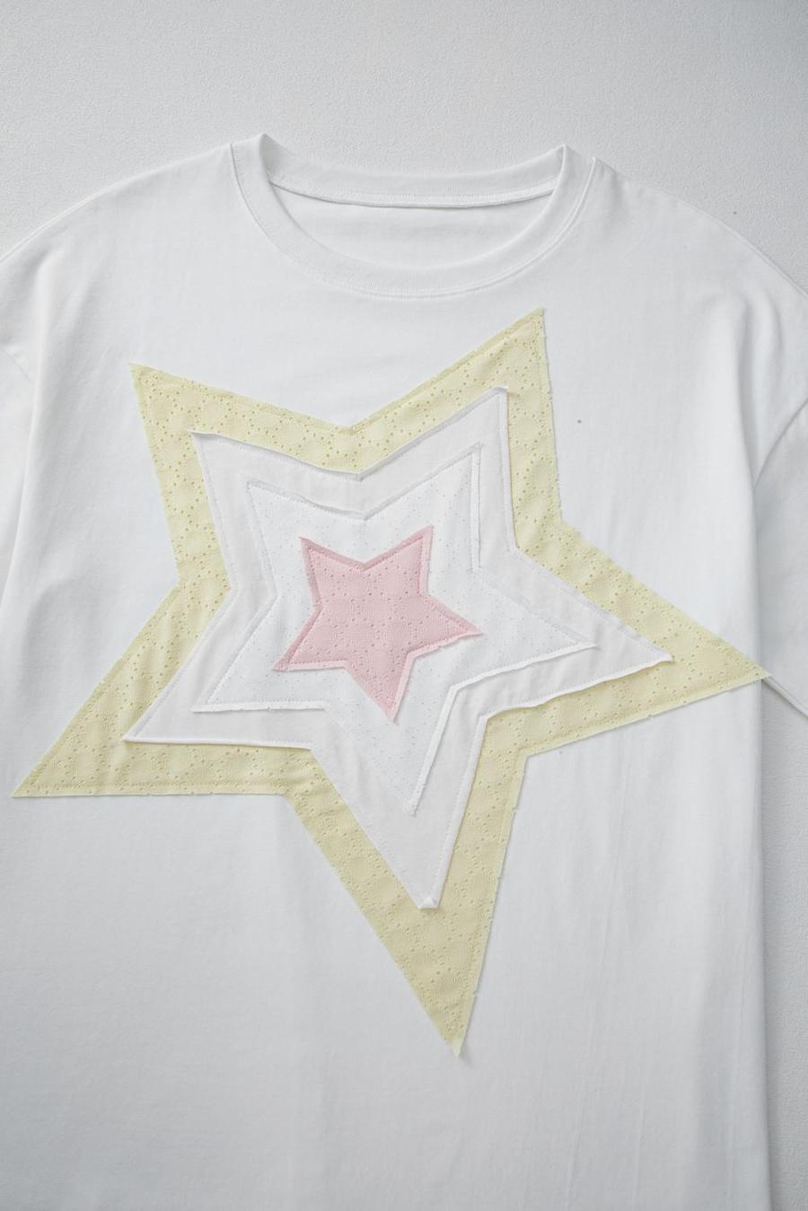 Women T Shirts | White Star Patched Drop Shoulder Half Sleeve Loose Tee