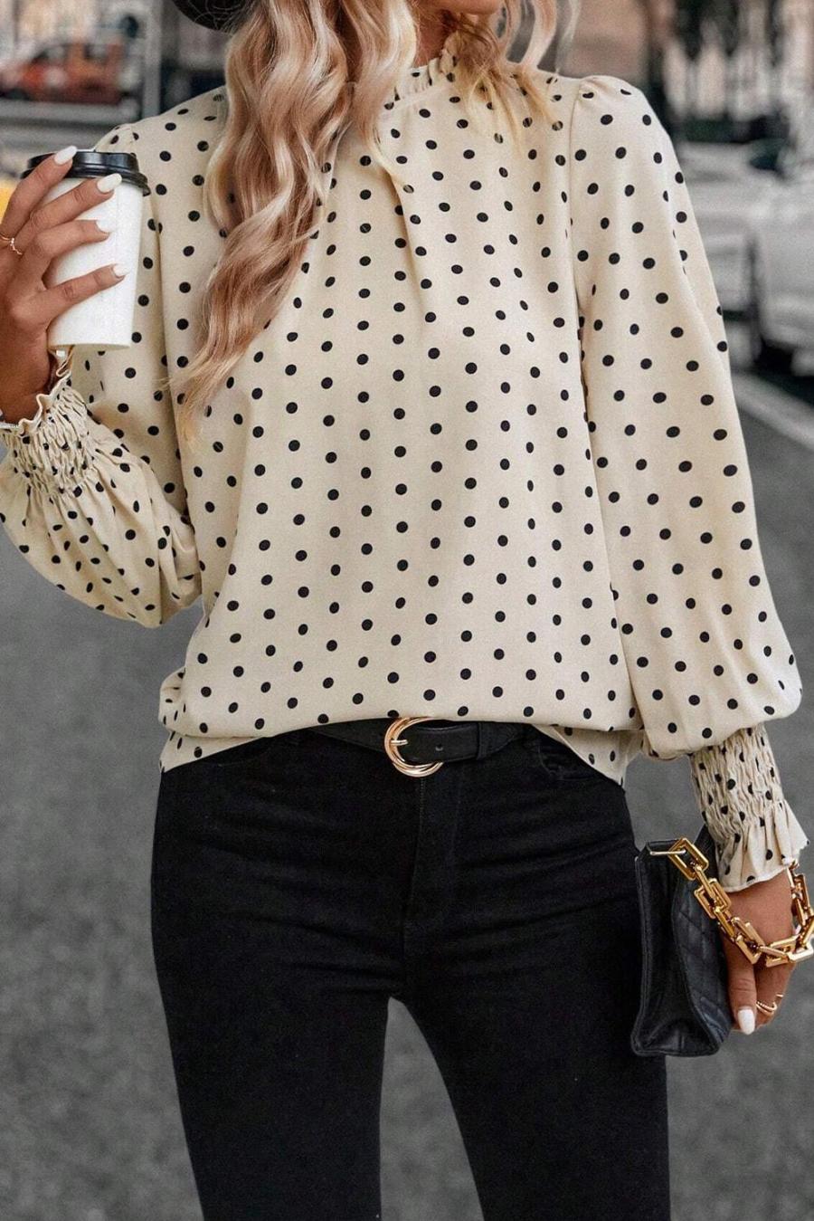 Women Blouses | Apricot Polka Dot Print Frill Neck Smocked Lantern Sleeve Blouse