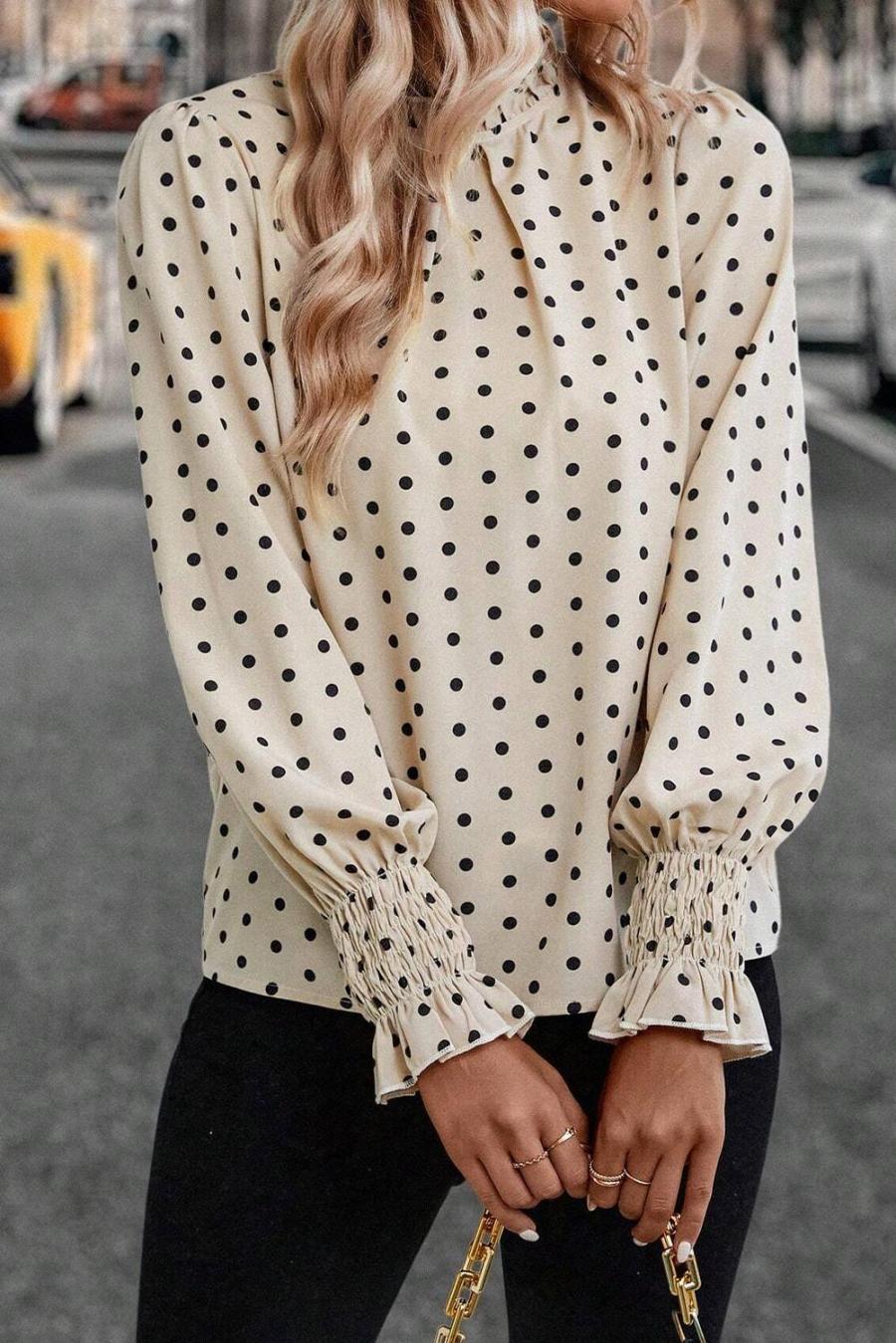 Women Blouses | Apricot Polka Dot Print Frill Neck Smocked Lantern Sleeve Blouse