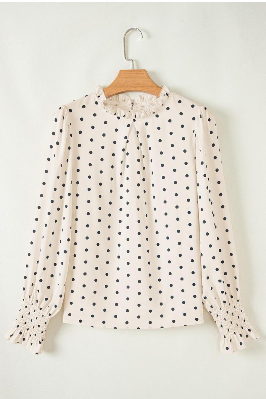 Women Blouses | Apricot Polka Dot Print Frill Neck Smocked Lantern Sleeve Blouse