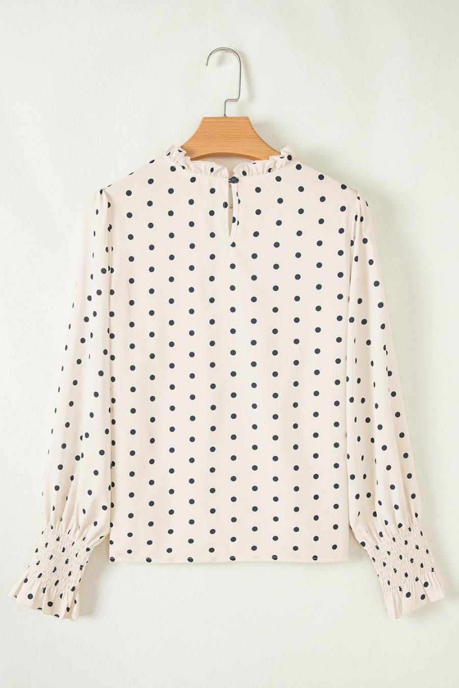 Women Blouses | Apricot Polka Dot Print Frill Neck Smocked Lantern Sleeve Blouse