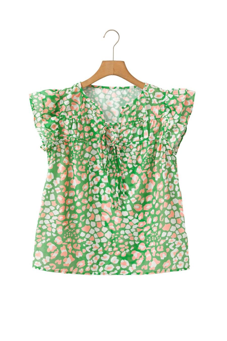 Women Blouses | Green Abstract Leopard Tie Front Flutter Sleeve Blouse