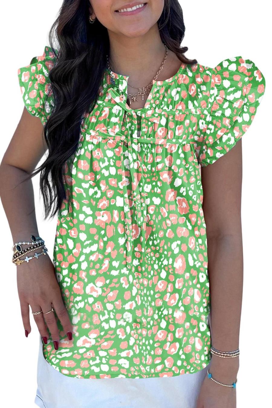 Women Blouses | Green Abstract Leopard Tie Front Flutter Sleeve Blouse