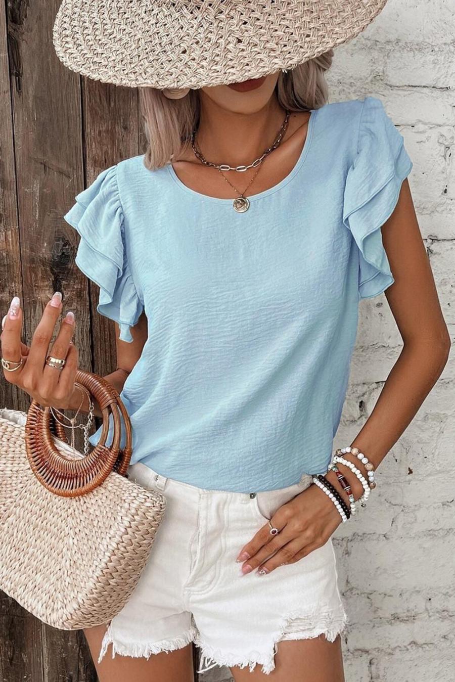 Women Blouses | Mist Blue Solid Color Ruffle Sleeve Crinkled Blouse
