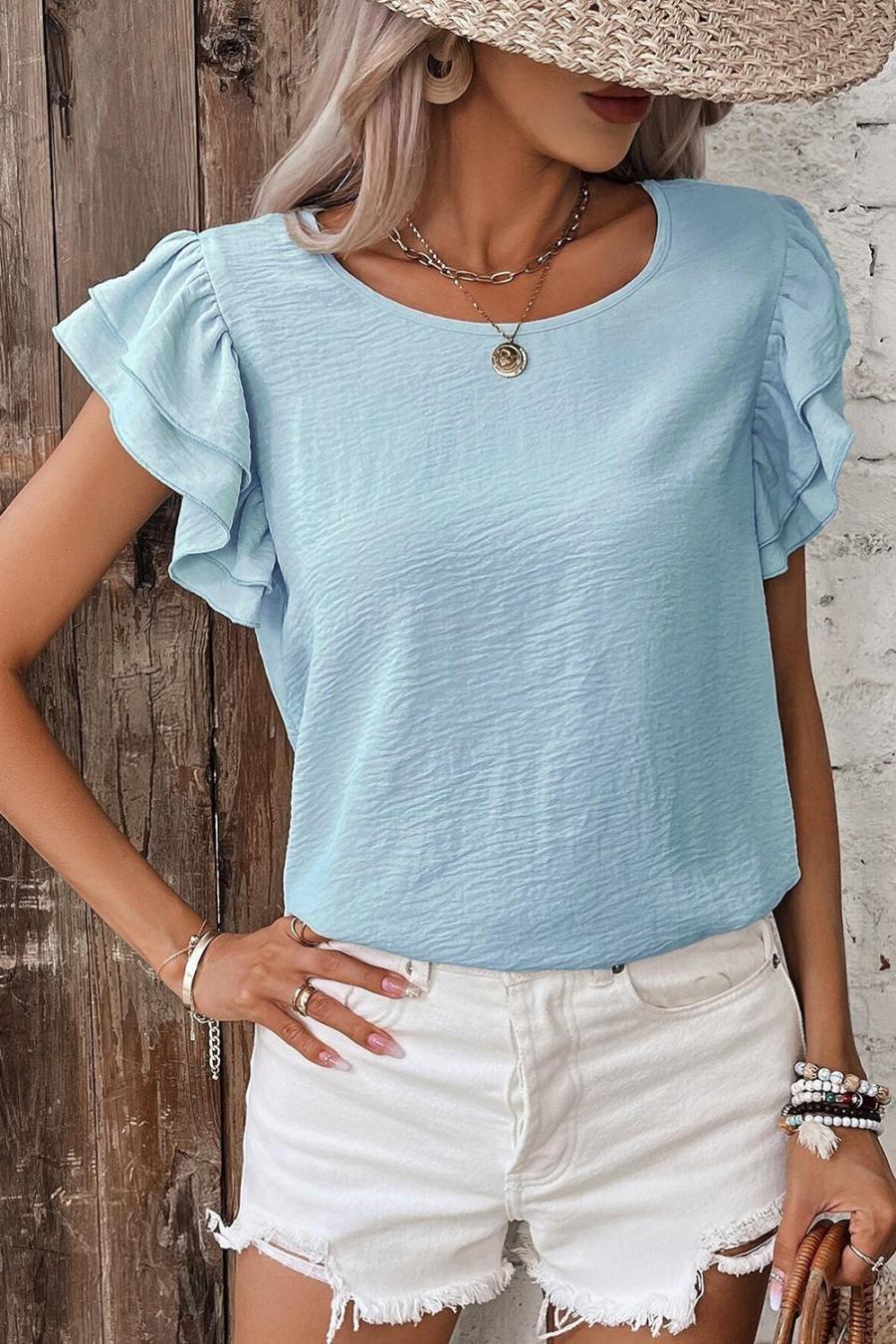 Women Blouses | Mist Blue Solid Color Ruffle Sleeve Crinkled Blouse