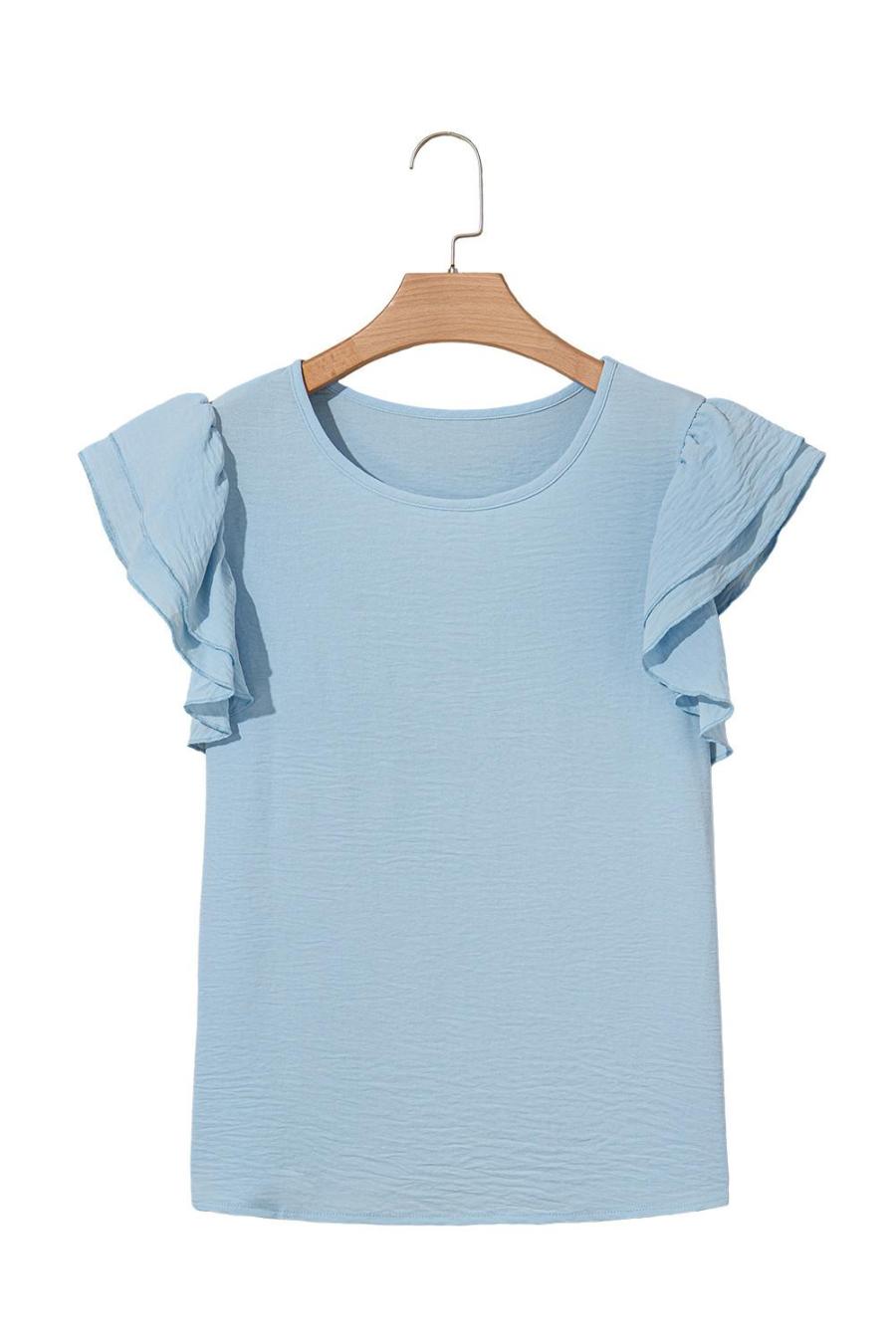 Women Blouses | Mist Blue Solid Color Ruffle Sleeve Crinkled Blouse