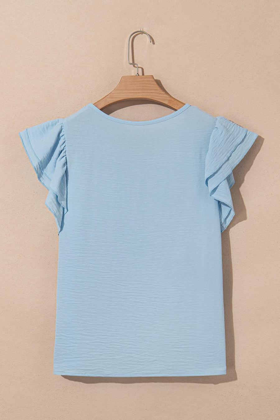 Women Blouses | Mist Blue Solid Color Ruffle Sleeve Crinkled Blouse