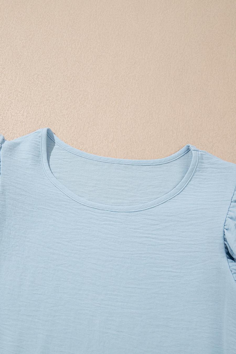 Women Blouses | Mist Blue Solid Color Ruffle Sleeve Crinkled Blouse