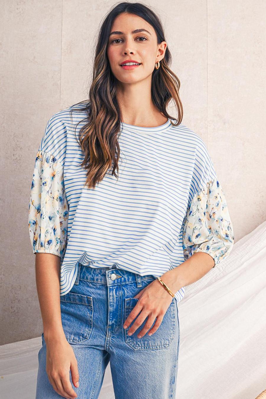 Women Blouses | Sky Blue Striped Floral Patchwork Sleeve Pullover Top