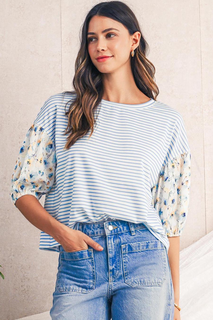 Women Blouses | Sky Blue Striped Floral Patchwork Sleeve Pullover Top