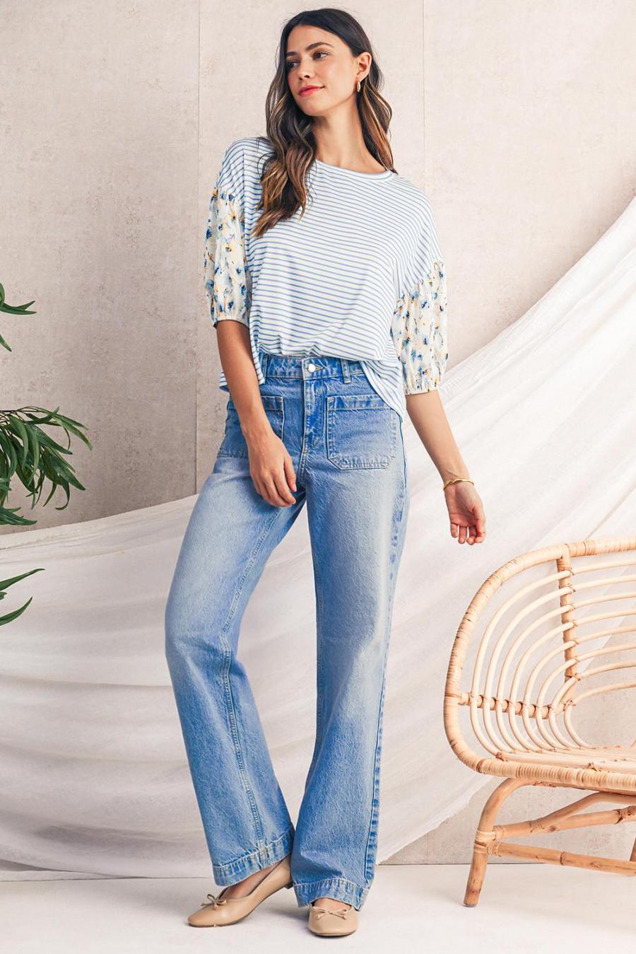 Women Blouses | Sky Blue Striped Floral Patchwork Sleeve Pullover Top