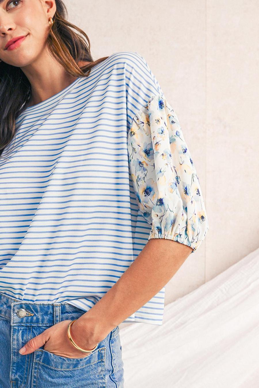 Women Blouses | Sky Blue Striped Floral Patchwork Sleeve Pullover Top