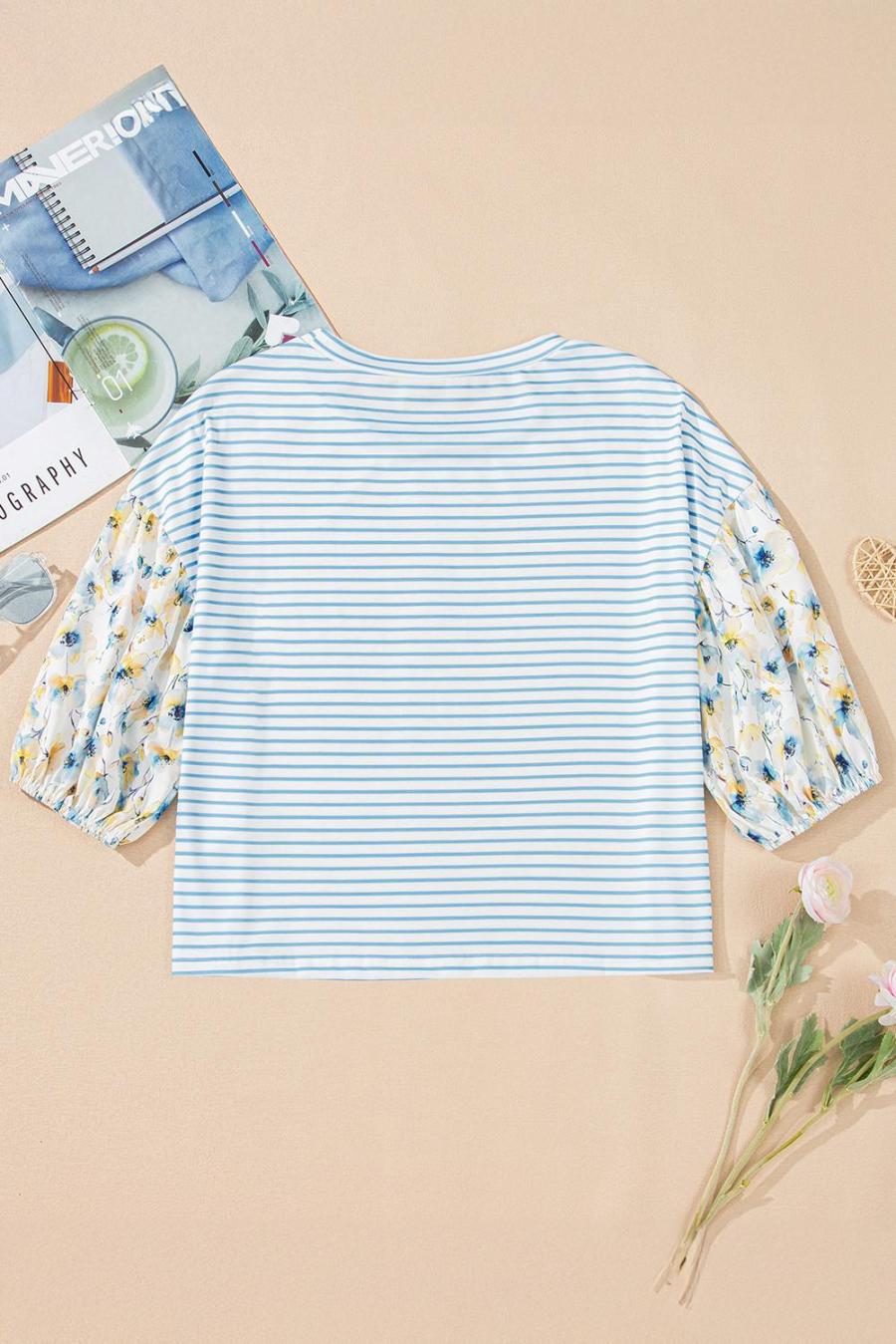 Women Blouses | Sky Blue Striped Floral Patchwork Sleeve Pullover Top