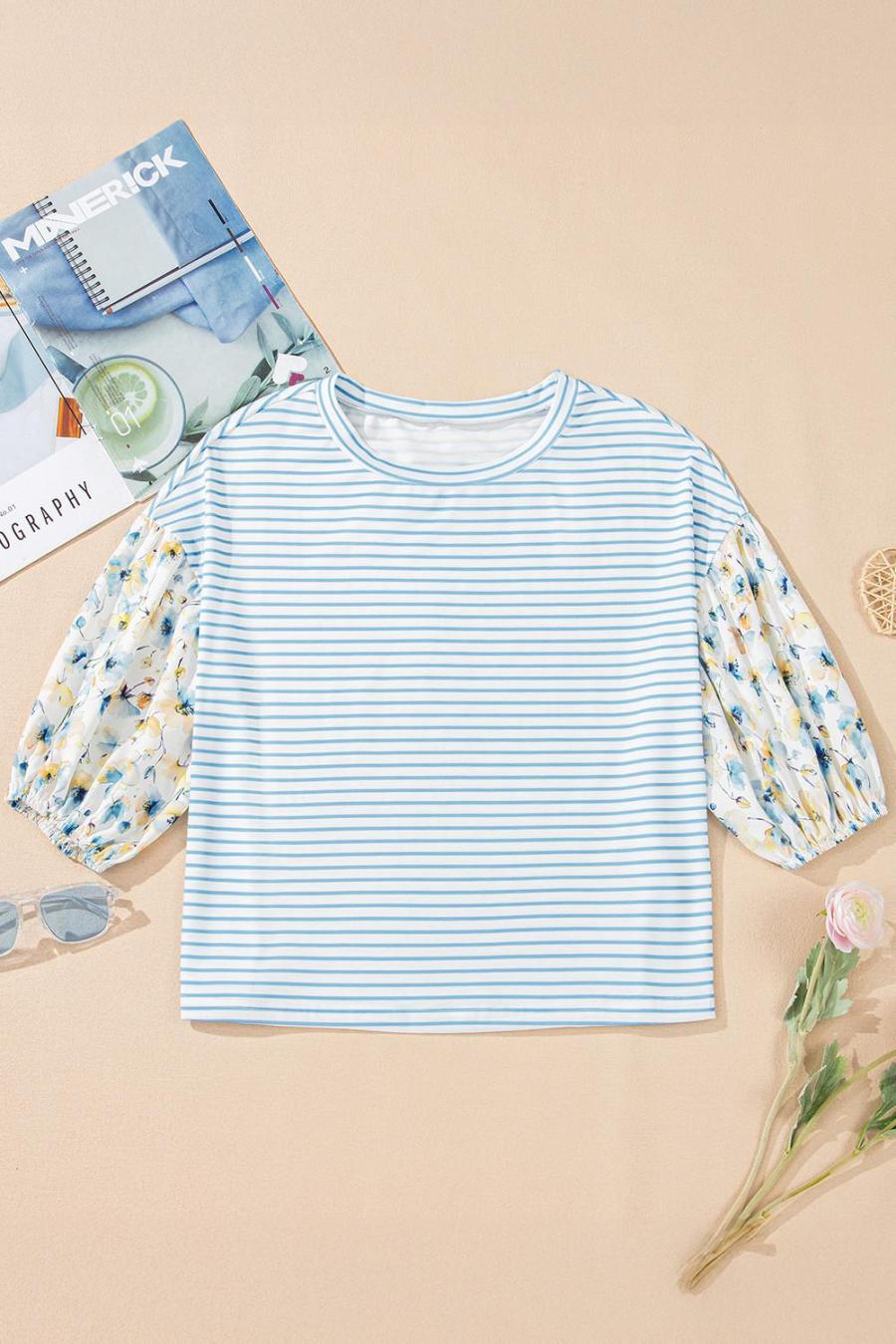 Women Blouses | Sky Blue Striped Floral Patchwork Sleeve Pullover Top