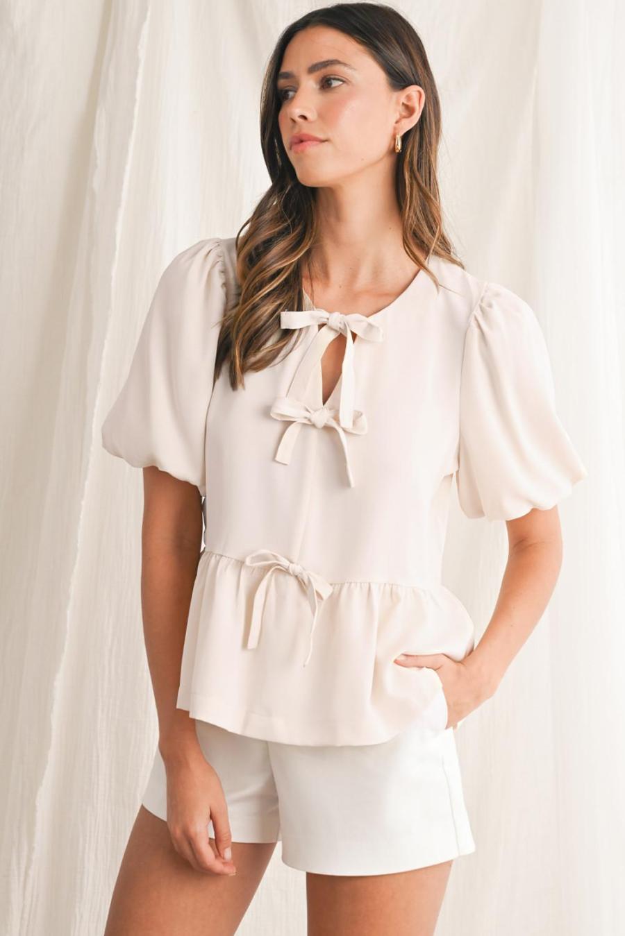 Women Blouses | White Sweet Bowknot Puff Sleeve Peplum Blouse