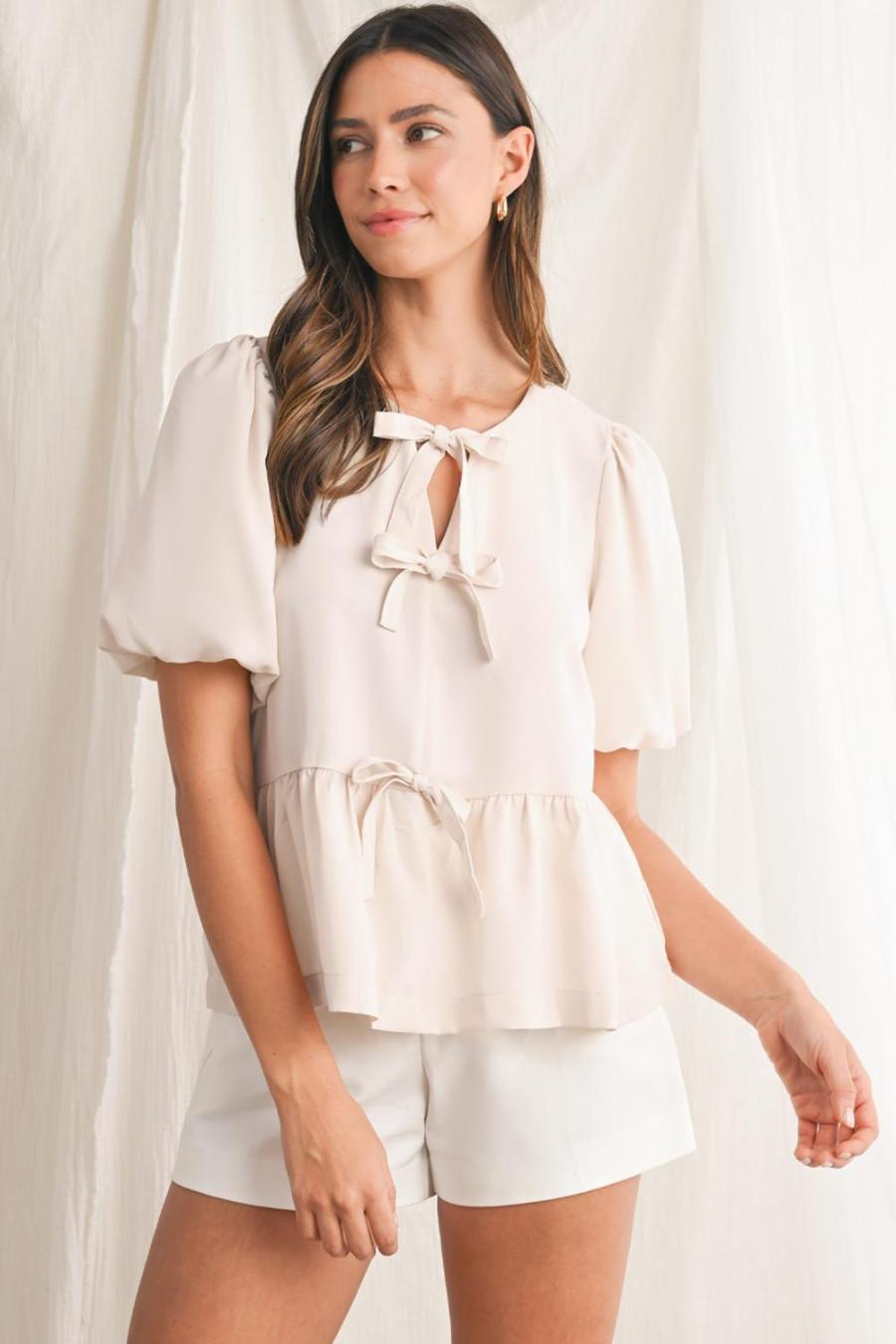 Women Blouses | White Sweet Bowknot Puff Sleeve Peplum Blouse