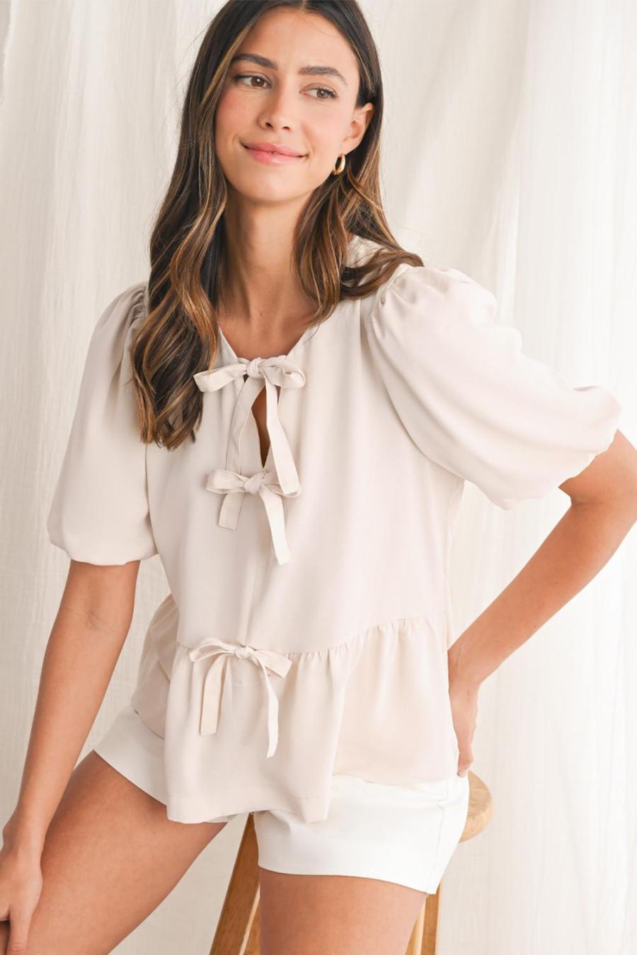 Women Blouses | White Sweet Bowknot Puff Sleeve Peplum Blouse