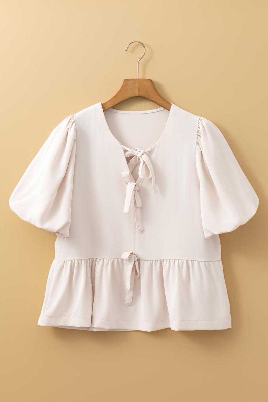 Women Blouses | White Sweet Bowknot Puff Sleeve Peplum Blouse