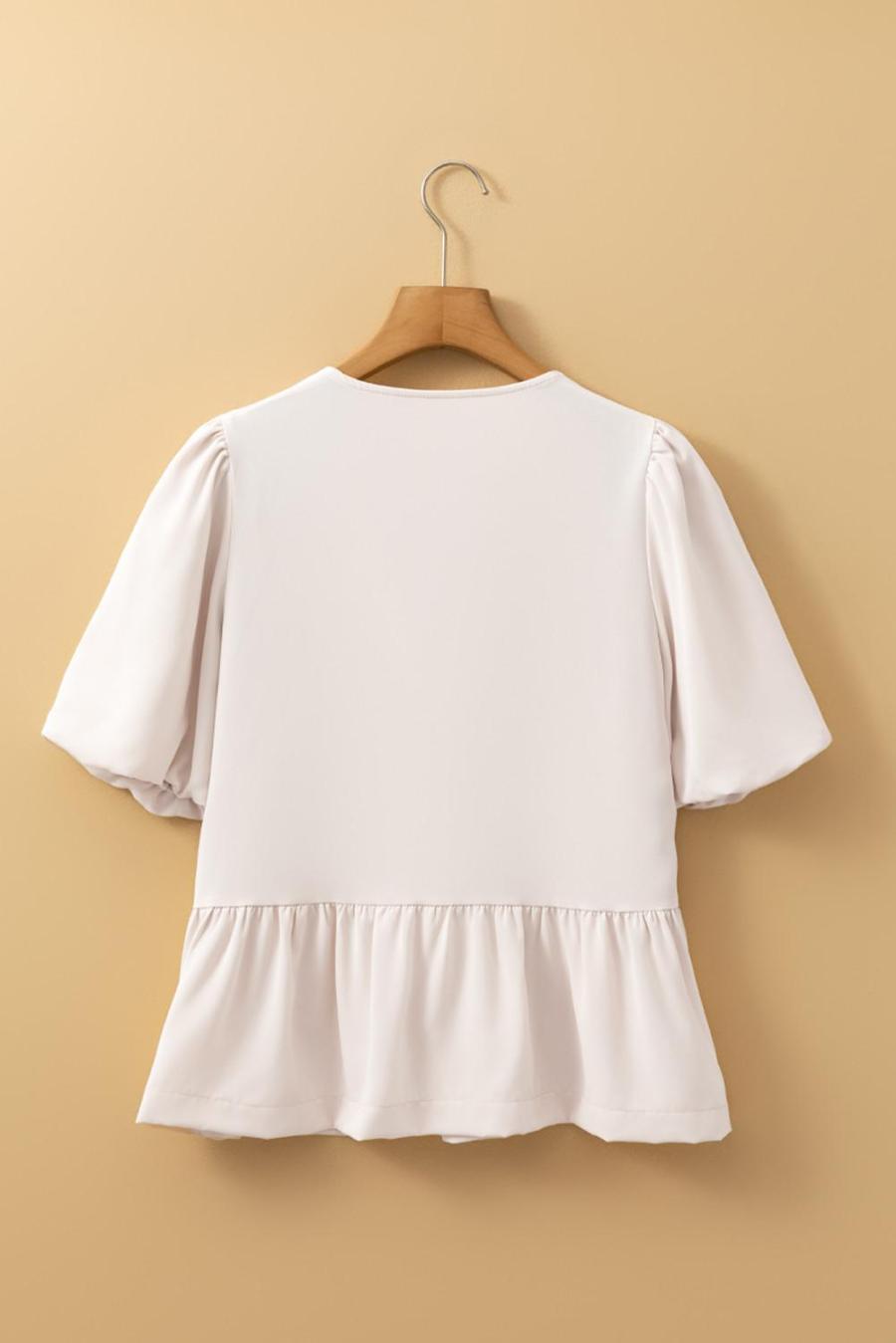 Women Blouses | White Sweet Bowknot Puff Sleeve Peplum Blouse