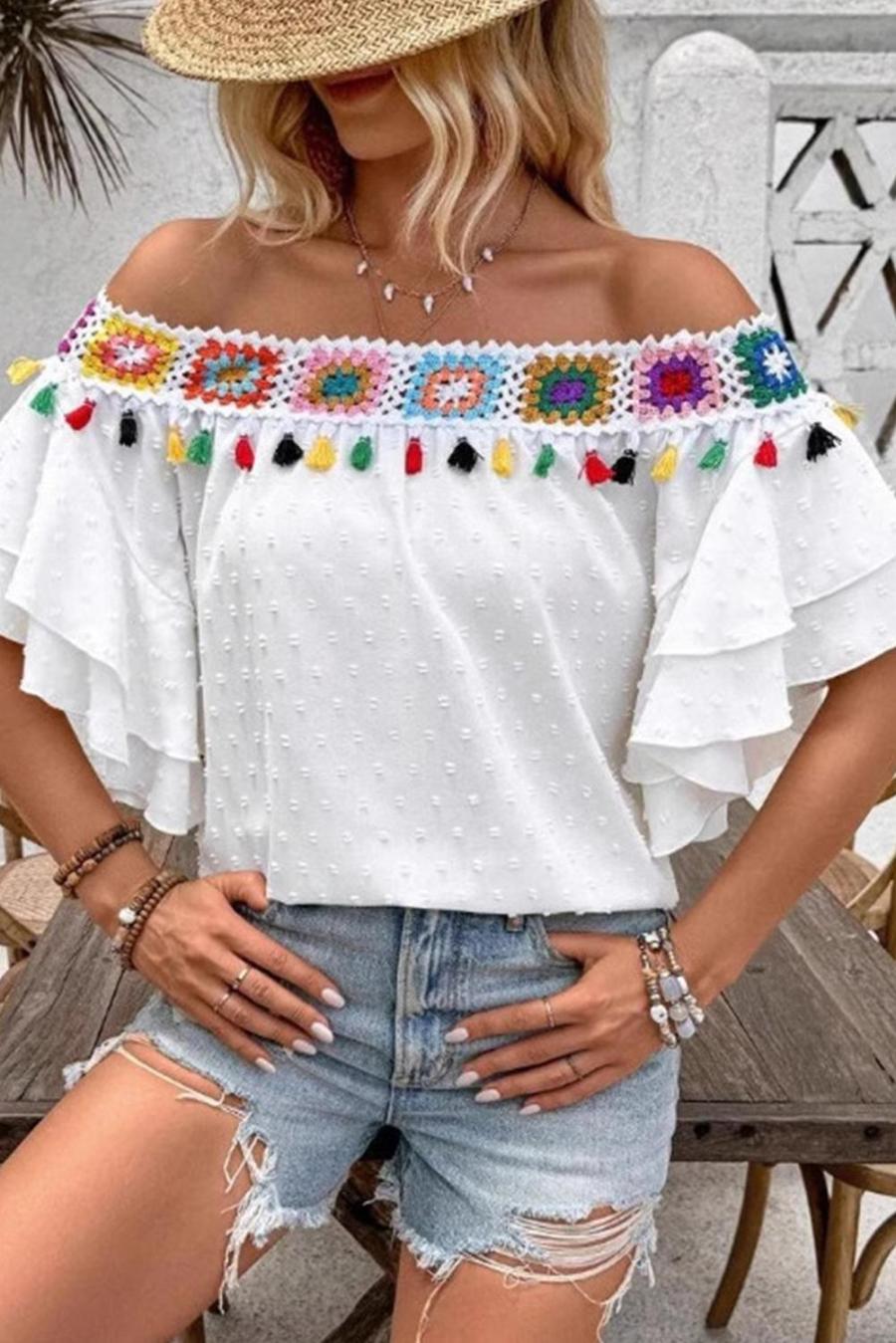 Women Blouses | White Tassel Crochet Floral Off Shoulder Ruffle Sleeve Top